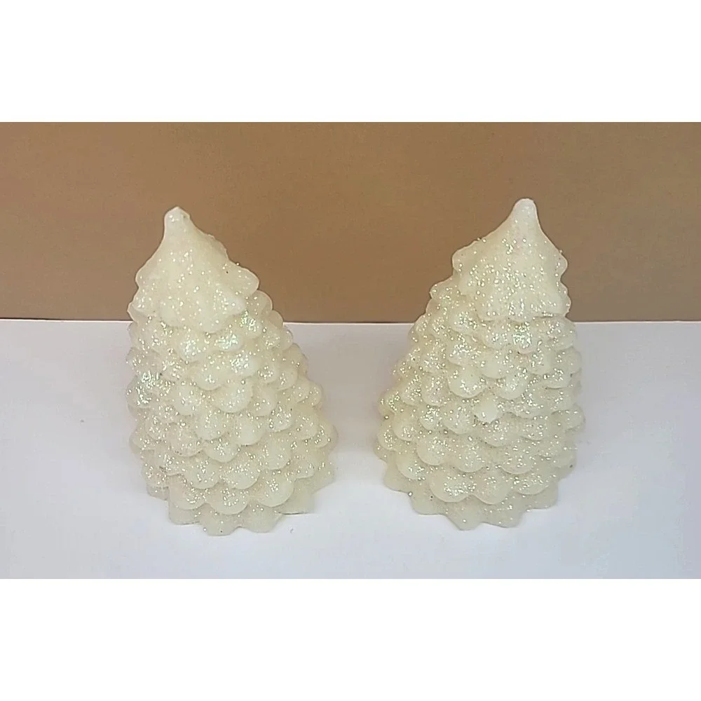 Set Of 2 Light Up Iridescent Glitter Wax Ivory Color Christmas Trees 6